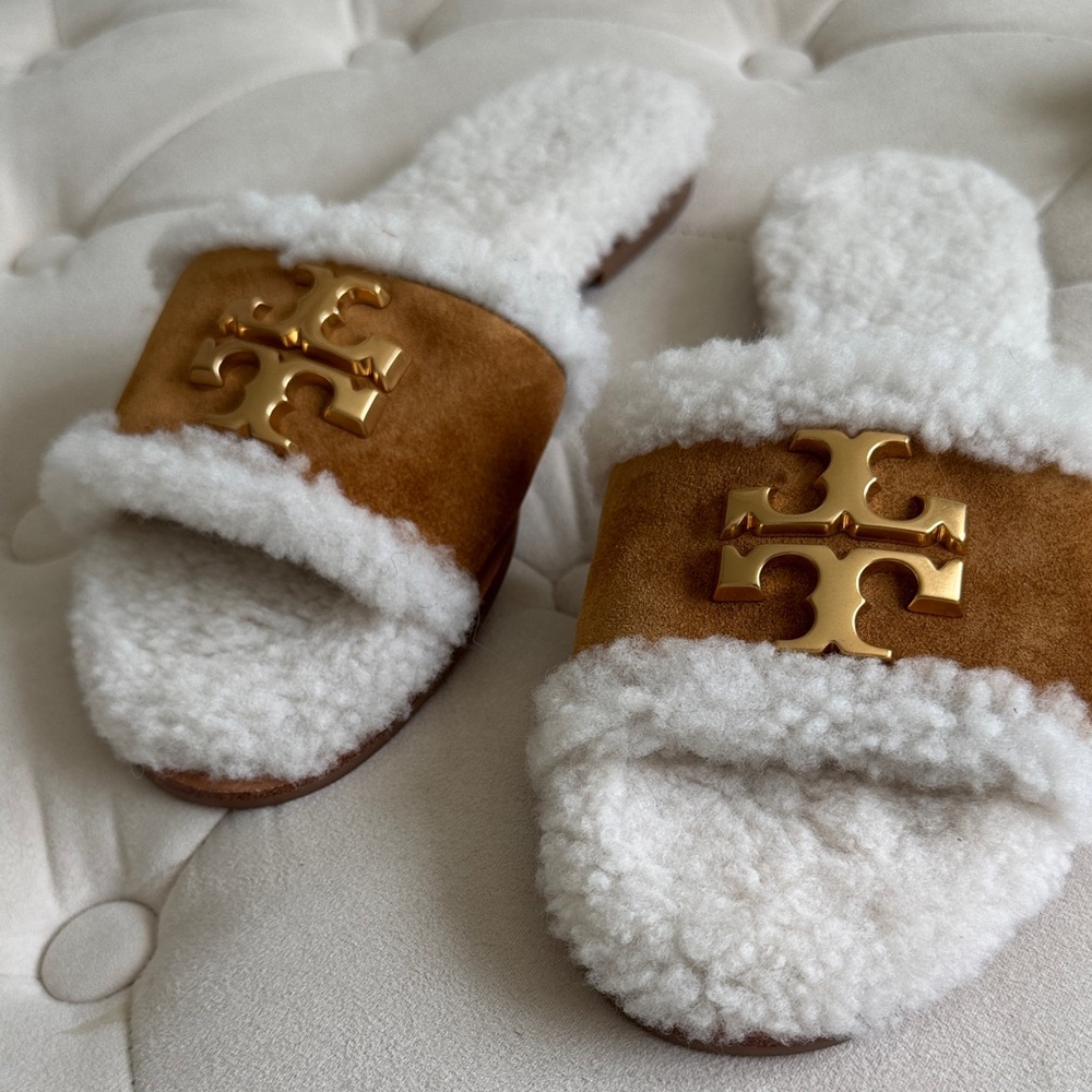 Tory Burch Brown and White Shearling Slides